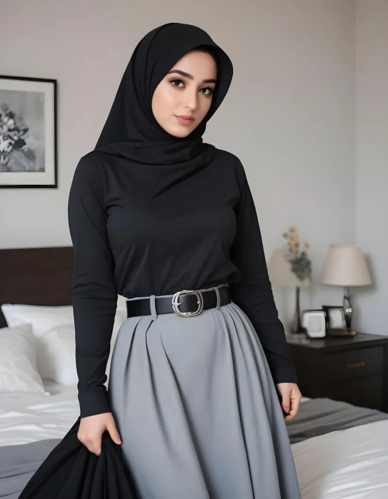 A Middle Eastern Woman 25 Years Old Wearing A Black Hijab Gray Long Sleeve Shirt Gray Skirt And A Black Belt In A Bedroom 41 4ba4