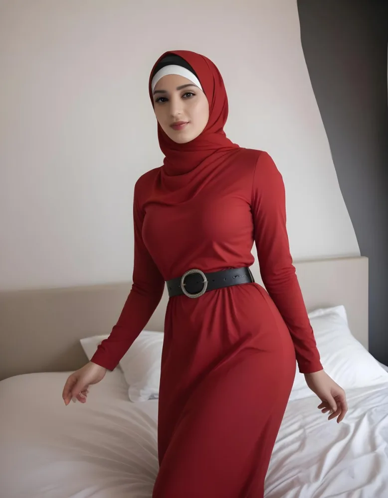 A Middle Eastern Woman 25 Years Old Wearing A White Hijab And A White Dress With A Red Belt In A Bedroom With Black Sheets And A Black Wall 9 7729