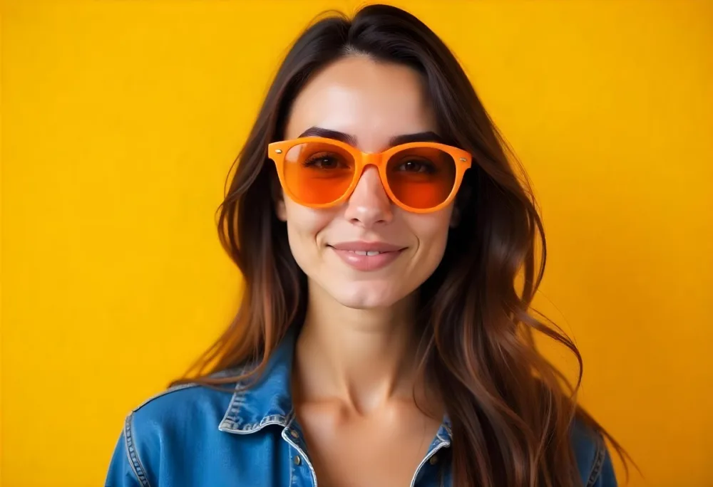 A Middle Eastern Woman Age 22 With Brown Hair And Orange Sunglasses Wearing A Denim Jacket With A Yellow Background 22 3f85
