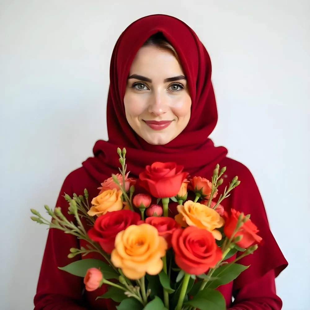 A Middle Eastern Woman Age 23 Fair Skin Red Hair Wearing A Red Hijab Holding A Bouquet Of Colorful Flowers White Background 3 30a4