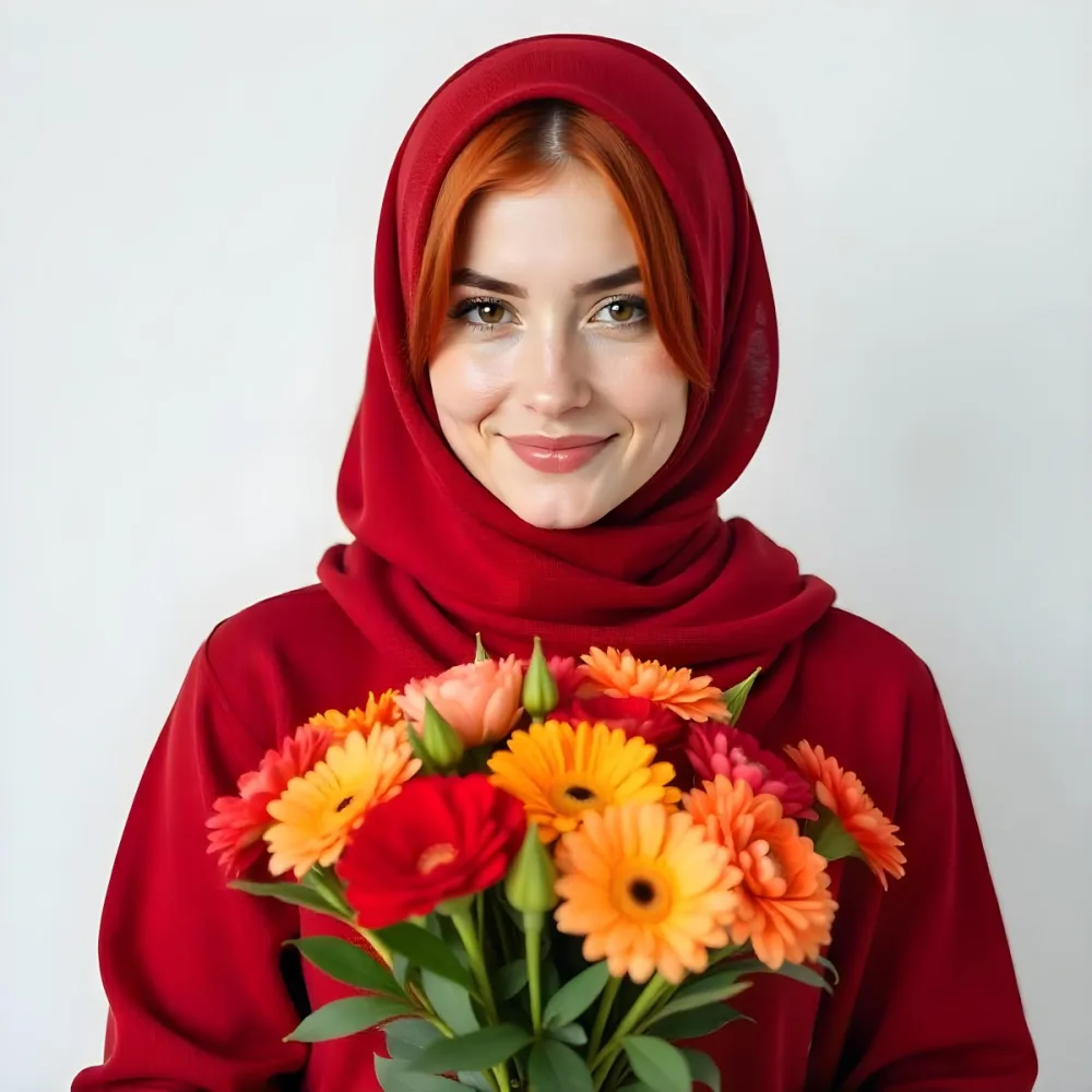 A Middle Eastern Woman Age 23 Fair Skin Red Hair Wearing A Red Hijab Holding A Bouquet Of Colorful Flowers White Background 5 Bcff