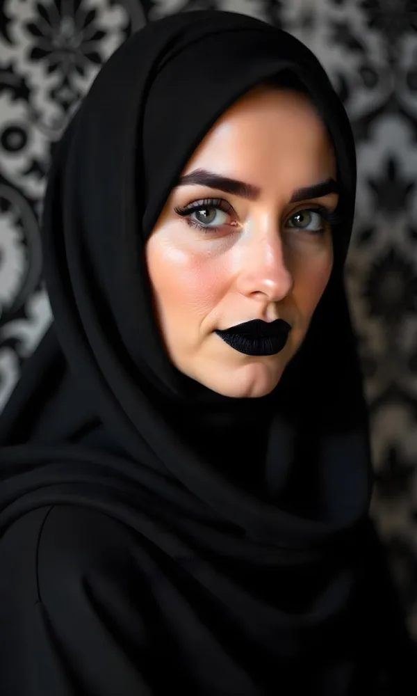 A Middle Eastern Woman With Fair Skin Black Hijab 25 Years Old Black Lipstick In A Black And White Damask Background 1 858a