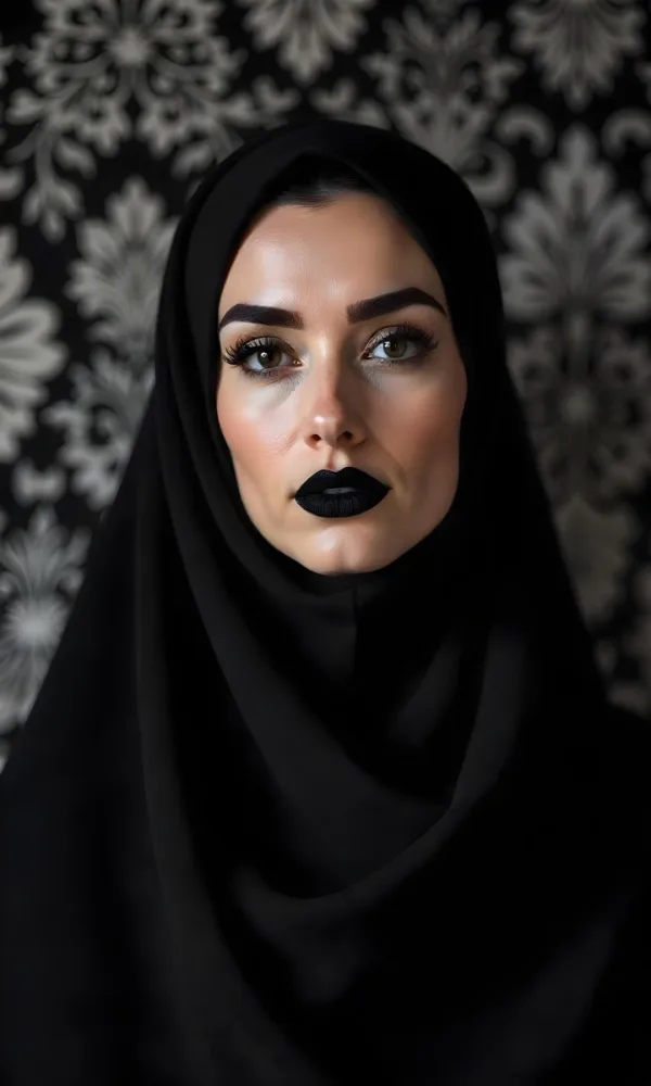 A Middle Eastern Woman With Fair Skin Black Hijab 25 Years Old Black Lipstick In A Black And White Damask Background 15 6e2a