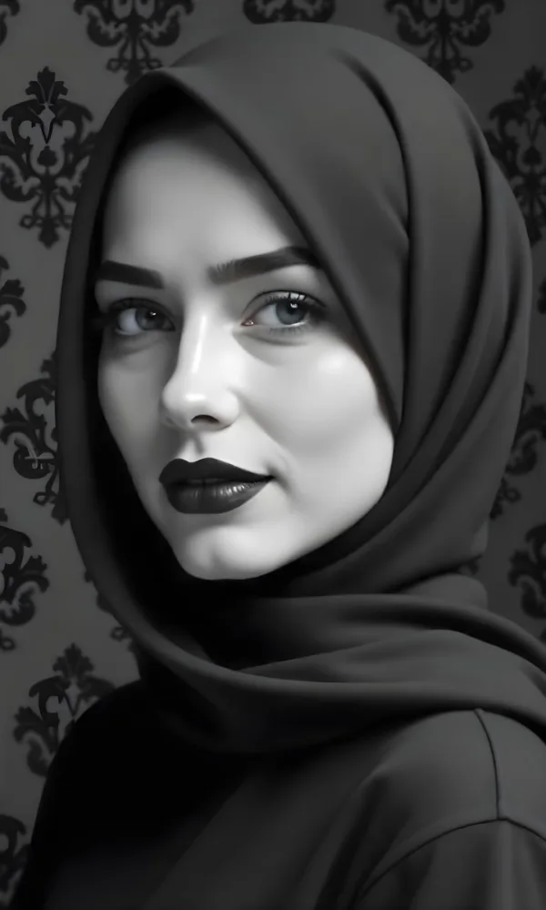 A Middle Eastern Woman With Fair Skin Black Hijab 25 Years Old Black Lipstick In A Black And White Damask Background 16 432e