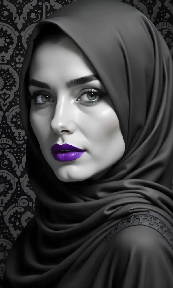 A Middle Eastern Woman With Fair Skin Black Hijab 25 Years Old Black Lipstick In A Black And White Damask Background 17 E060