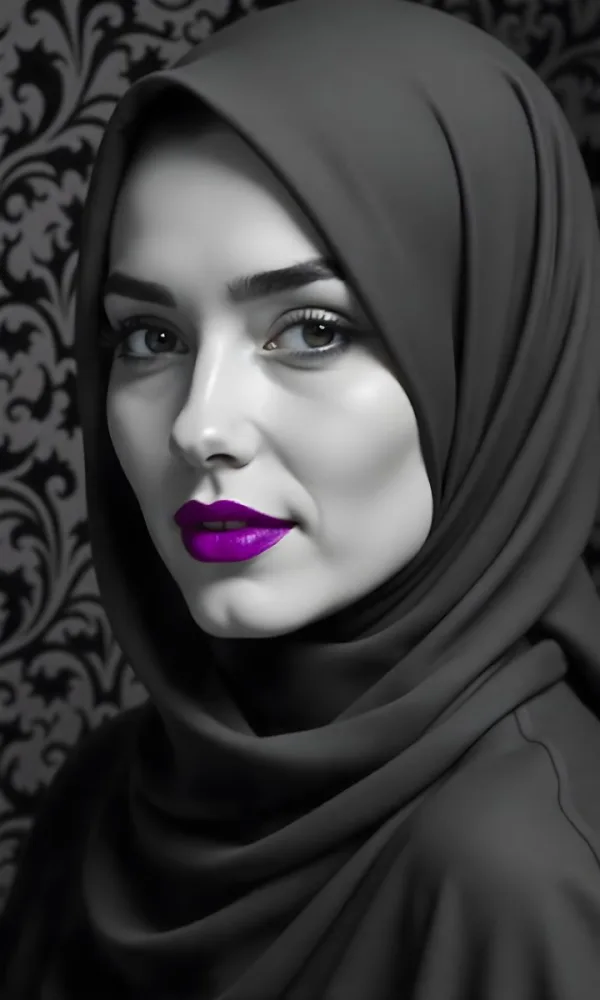 A Middle Eastern Woman With Fair Skin Black Hijab 25 Years Old Black Lipstick In A Black And White Damask Background 18 Ce96