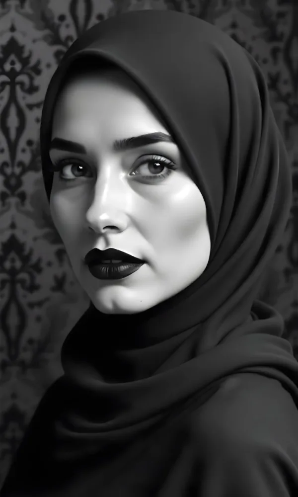 A Middle Eastern Woman With Fair Skin Black Hijab 25 Years Old Black Lipstick In A Black And White Damask Background 20 3b60