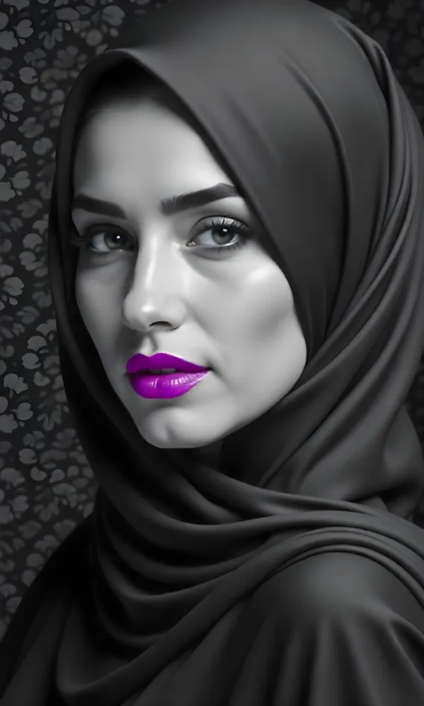 A Middle Eastern Woman With Fair Skin Black Hijab 25 Years Old Black Lipstick In A Black And White Damask Background 24 1f70