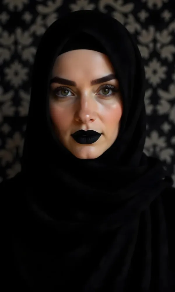 A Middle Eastern Woman With Fair Skin Black Hijab 25 Years Old Black Lipstick In A Black And White Damask Background 5 2e60
