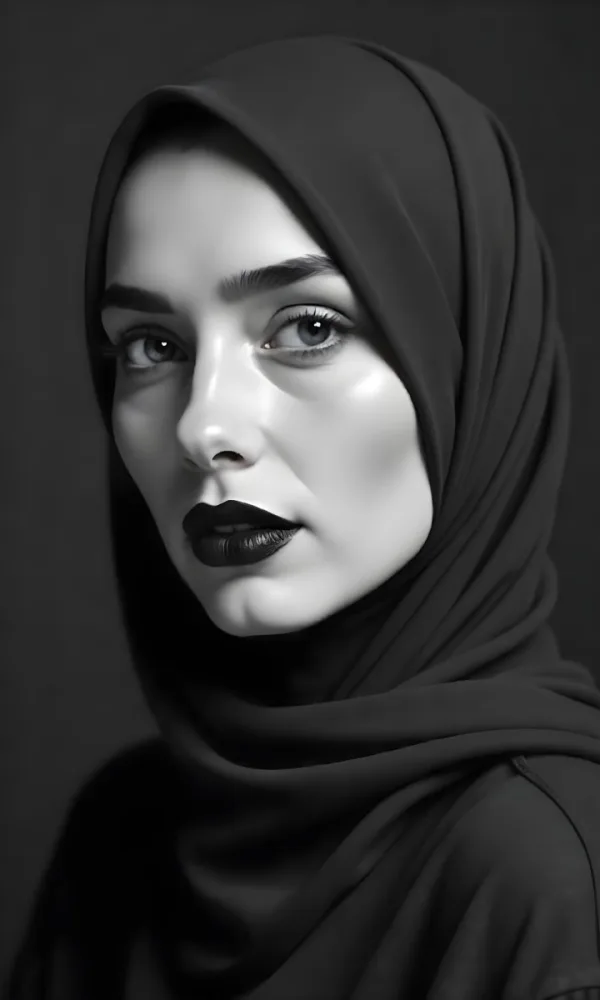 A Middle Eastern Woman With Fair Skin Black Hijab 25 Years Old Black Lipstick In A Black And White Damask Background 8 6e29