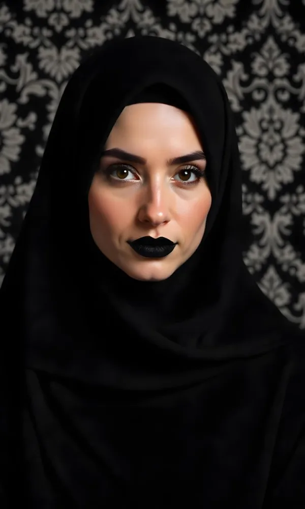 A Middle Eastern Woman With Fair Skin Black Hijab 25 Years Old Black Lipstick In A Black And White Damask Background 9 E1fb