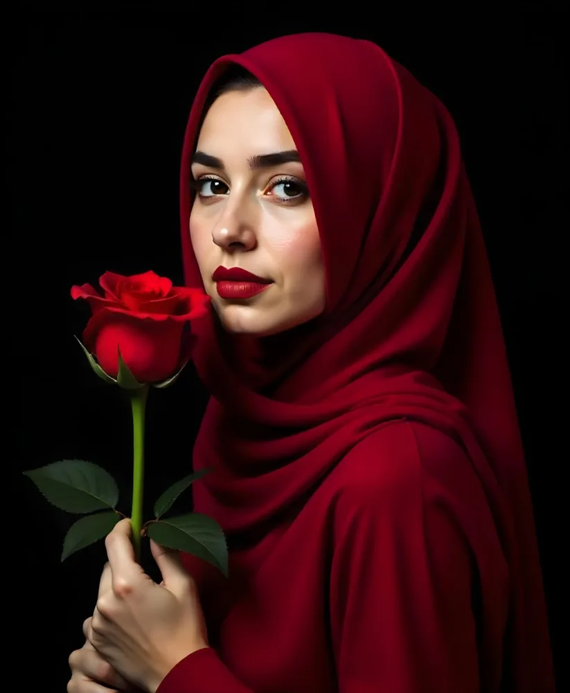 A Muslim Woman 22 Years Old Light Skin With A Red Hijab And A Red Rose In A Black Background 14 Ba1a