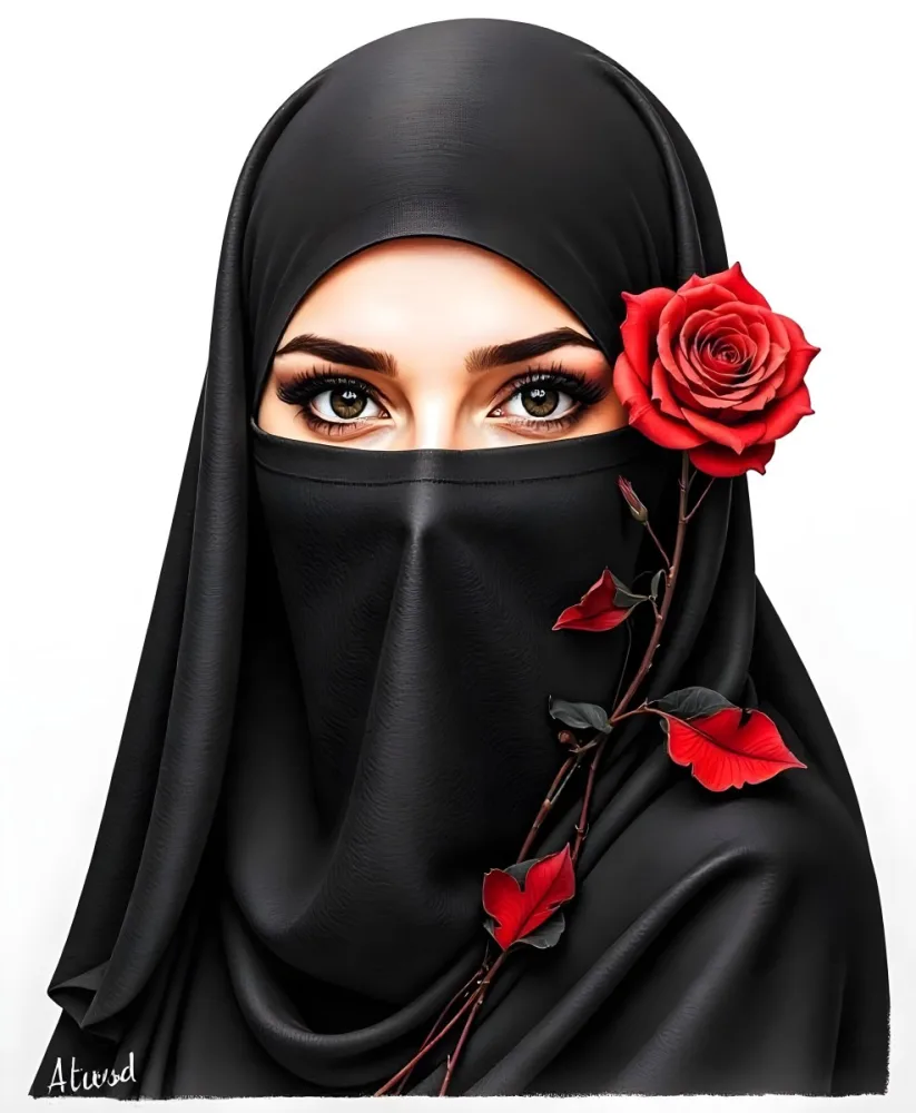 A Muslim Woman 22 Years Old Light Skin With A Red Hijab And A Red Rose In A Black Background 19 8fd1