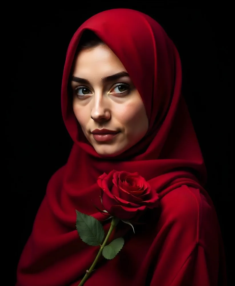A Muslim Woman 22 Years Old Light Skin With A Red Hijab And A Red Rose In A Black Background 33 060b