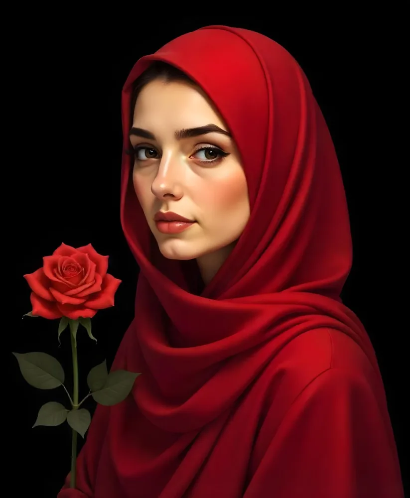 A Muslim Woman 22 Years Old Light Skin With A Red Hijab And A Red Rose In A Black Background 37 7488