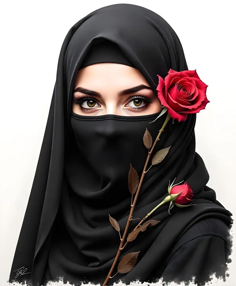 A Muslim Woman 22 Years Old Light Skin With A Red Hijab And A Red Rose In A Black Background 6 F8b7