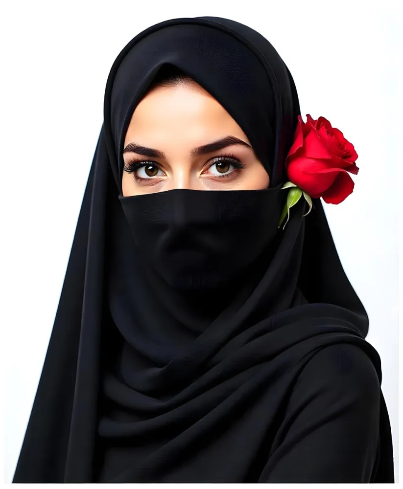 A Muslim Woman 22 Years Old Light Skin With A Red Hijab And A Red Rose On The Side Studio Shot 12 4396