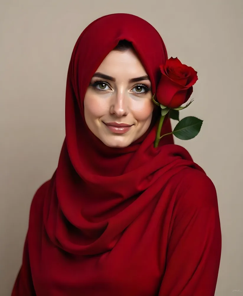 A Muslim Woman 22 Years Old Light Skin With A Red Hijab And A Red Rose On The Side Studio Shot 13 2d19