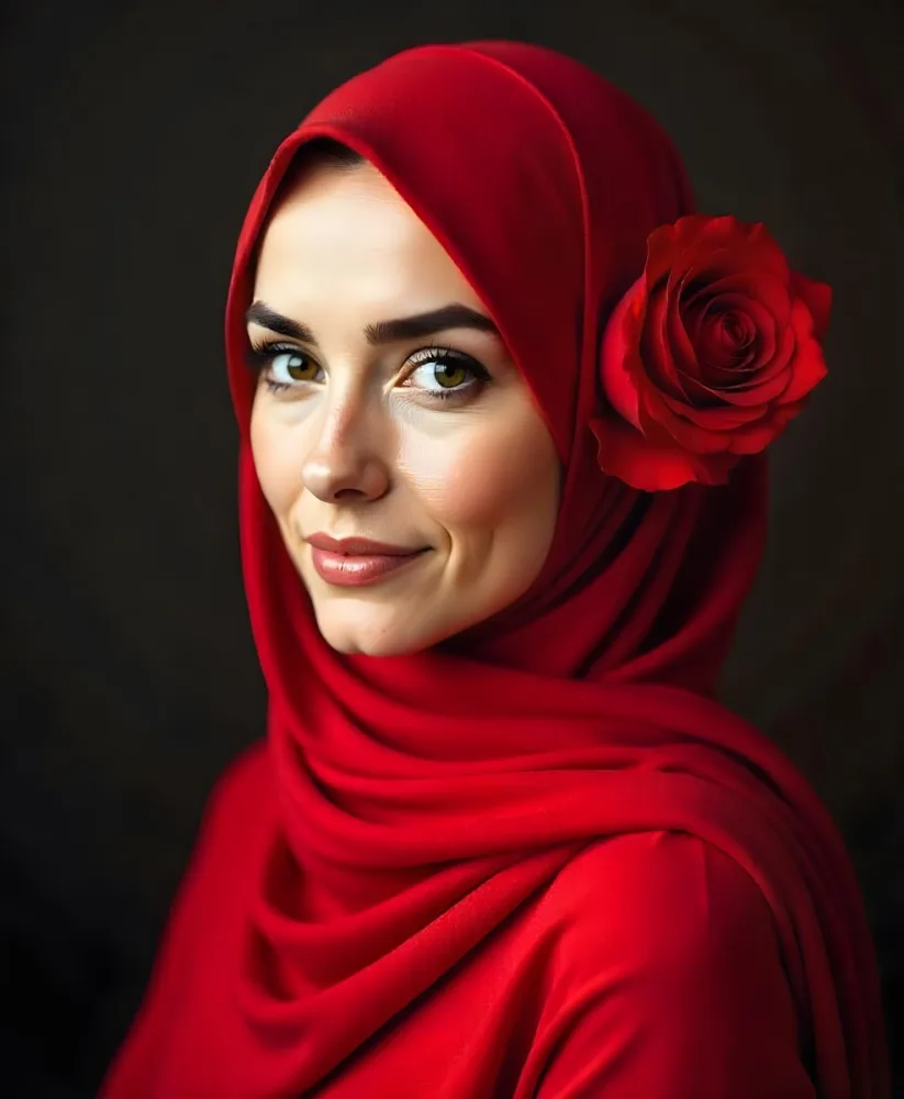 A Muslim Woman 22 Years Old Light Skin With A Red Hijab And A Red Rose On The Side Studio Shot 17 7ffb