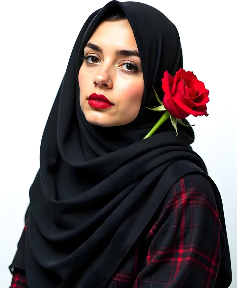 A Muslim Woman 22 Years Old Light Skin With A Red Hijab And A Red Rose On The Side Studio Shot 18 831d
