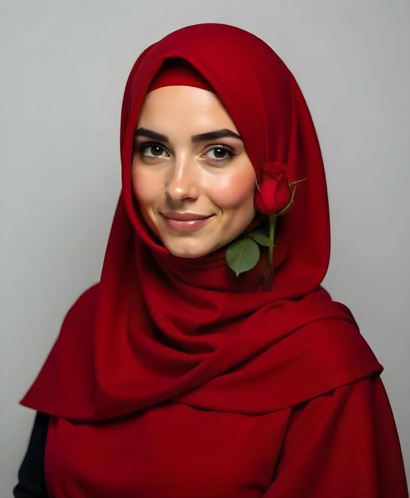A Muslim Woman 22 Years Old Light Skin With A Red Hijab And A Red Rose On The Side Studio Shot 20 7e16