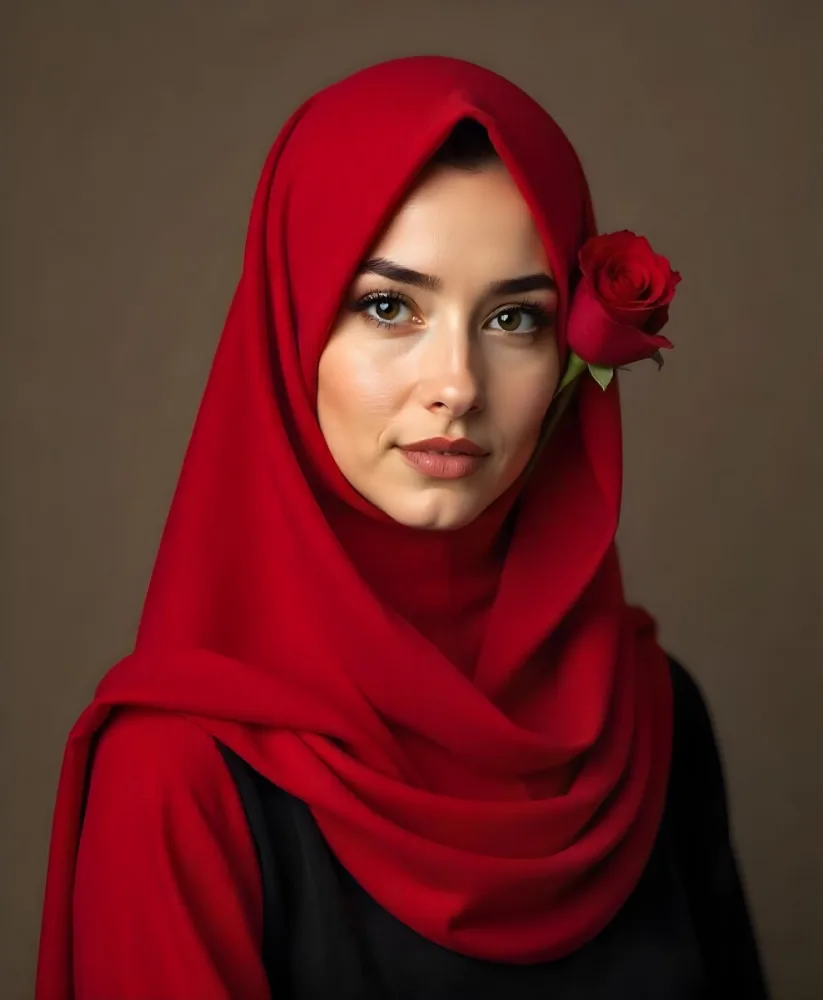 A Muslim Woman 22 Years Old Light Skin With A Red Hijab And A Red Rose On The Side Studio Shot 22 Be12