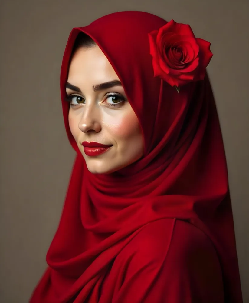 A Muslim Woman 22 Years Old Light Skin With A Red Hijab And A Red Rose On The Side Studio Shot 23 37e5