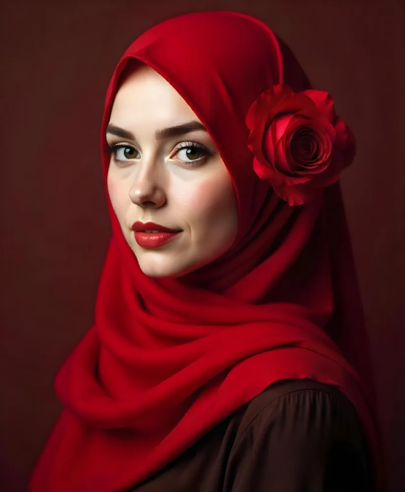 A Muslim Woman 22 Years Old Light Skin With A Red Hijab And A Red Rose On The Side Studio Shot 24 Bf18