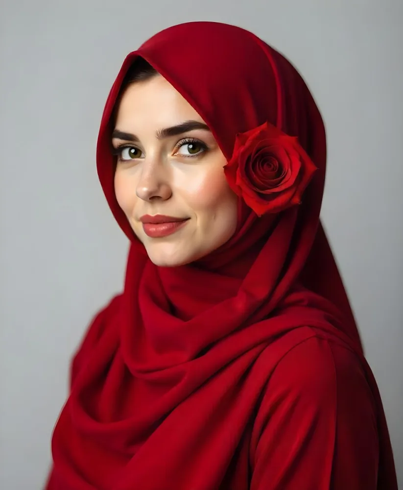 A Muslim Woman 22 Years Old Light Skin With A Red Hijab And A Red Rose On The Side Studio Shot 3 3c63