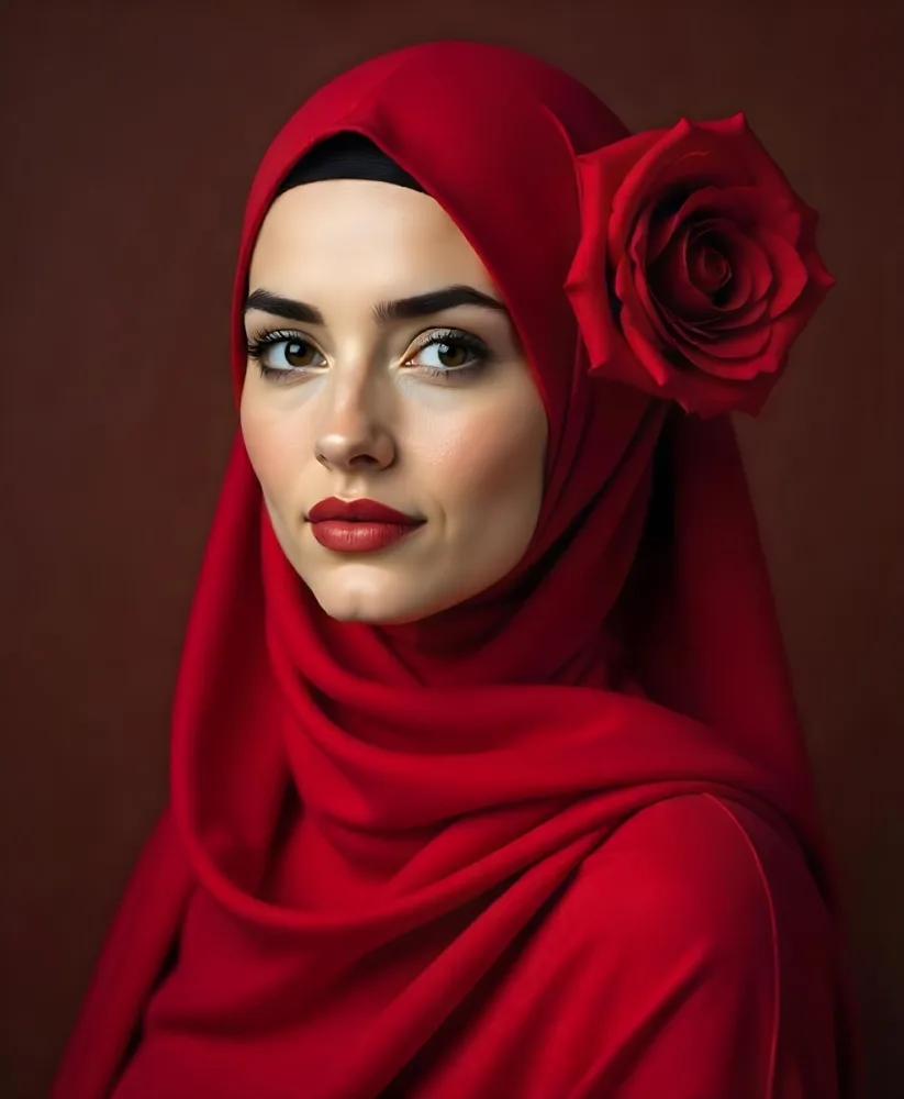 A Muslim Woman 22 Years Old Light Skin With A Red Hijab And A Red Rose On The Side Studio Shot 9 618f