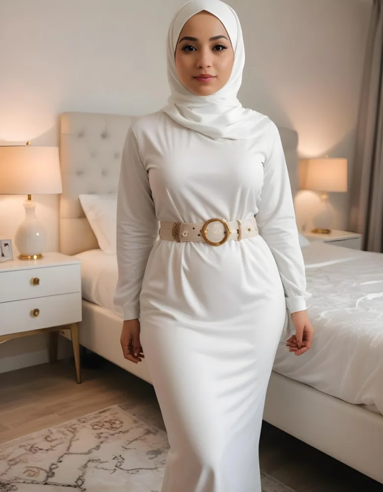 A Muslim Woman Light Skin 27 Years Old With A White Hijab And A White Dress With A Belt In A Bedroom With A Bed And Two Nightstands 6 Df5b