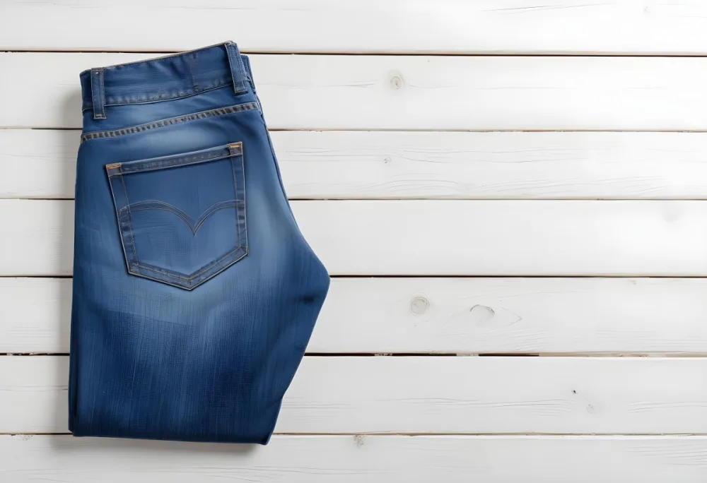 A Pair Of Blue Jeans With A Back Pocket Placed On A White Wooden Surface Showcasing The Texture And Color Of The Denim 10 F015