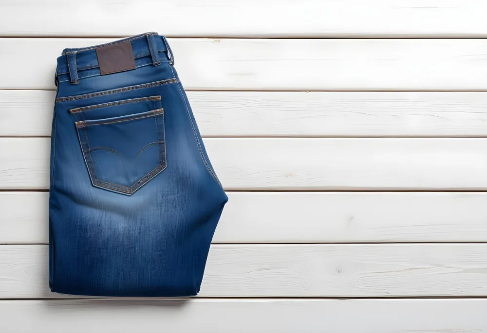 A Pair Of Blue Jeans With A Back Pocket Placed On A White Wooden Surface Showcasing The Texture And Color Of The Denim 12 677d