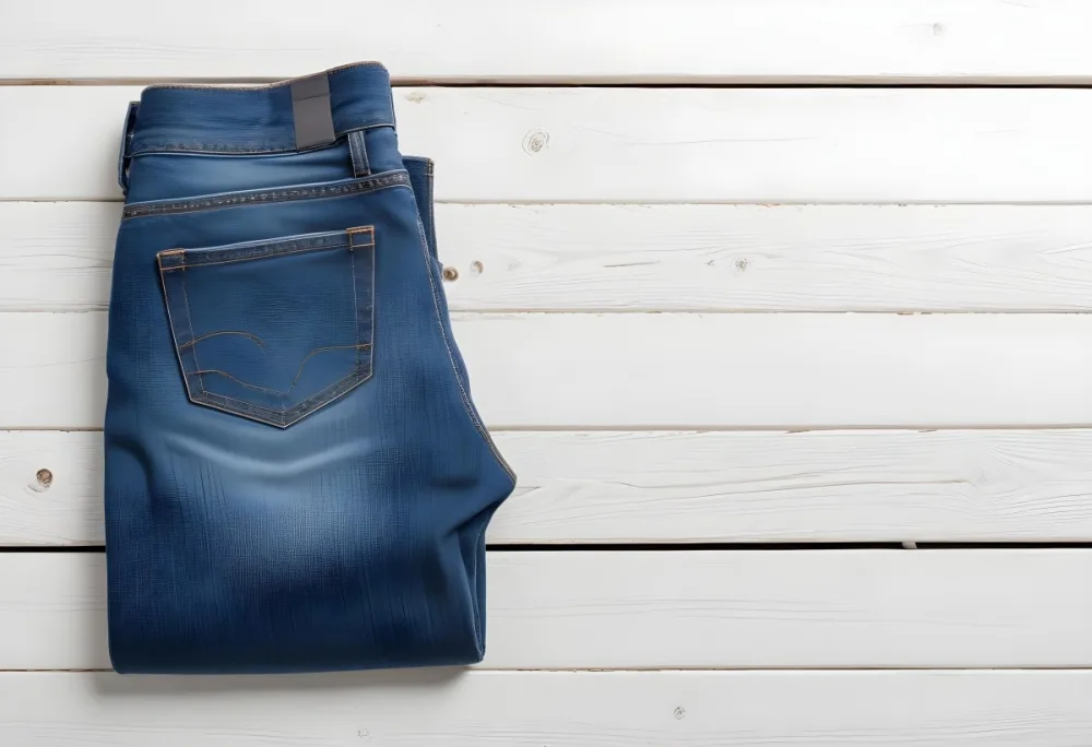A Pair Of Blue Jeans With A Back Pocket Placed On A White Wooden Surface Showcasing The Texture And Color Of The Denim 13 E36c