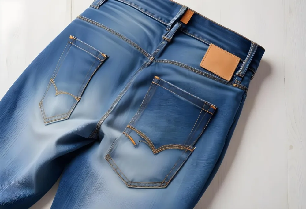 A Pair Of Blue Jeans With A Back Pocket Placed On A White Wooden Surface Showcasing The Texture And Color Of The Denim 16 4cfb