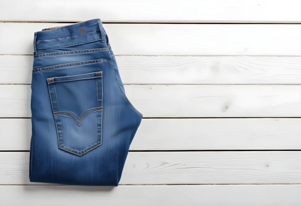A Pair Of Blue Jeans With A Back Pocket Placed On A White Wooden Surface Showcasing The Texture And Color Of The Denim 22 C3c7