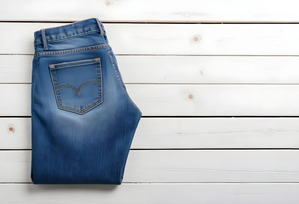 A Pair Of Blue Jeans With A Back Pocket Placed On A White Wooden Surface Showcasing The Texture And Color Of The Denim 23 B299