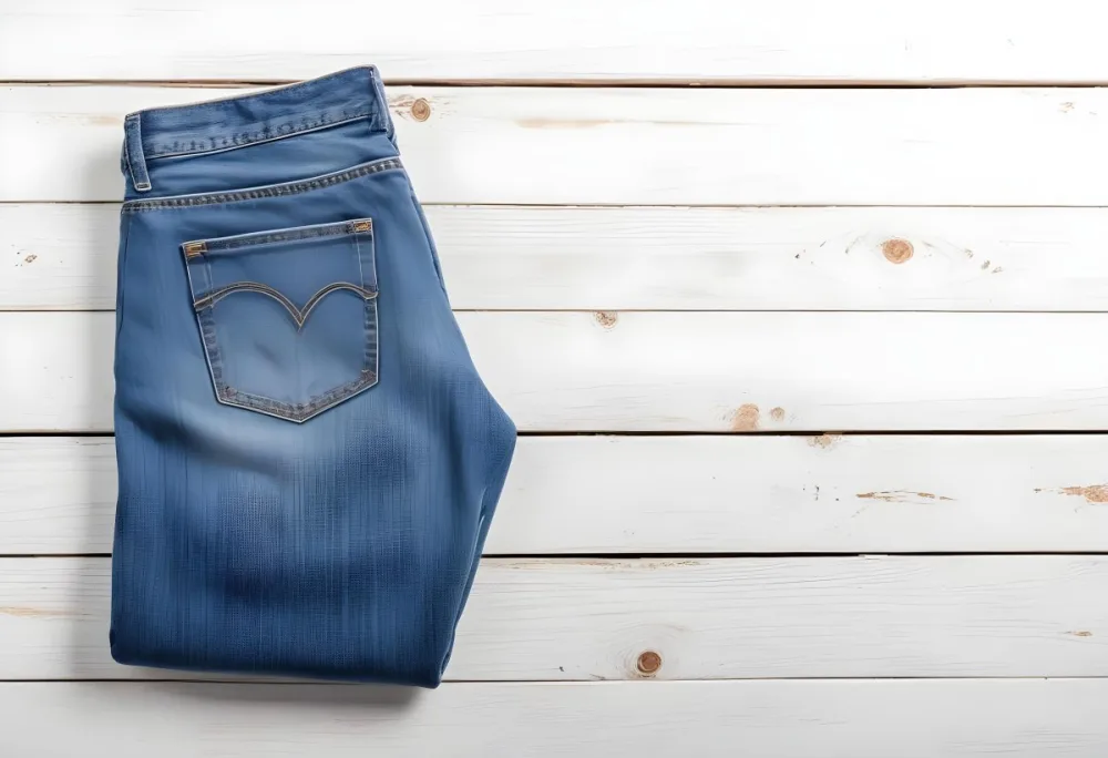 A Pair Of Blue Jeans With A Back Pocket Placed On A White Wooden Surface Showcasing The Texture And Color Of The Denim 26 76f4