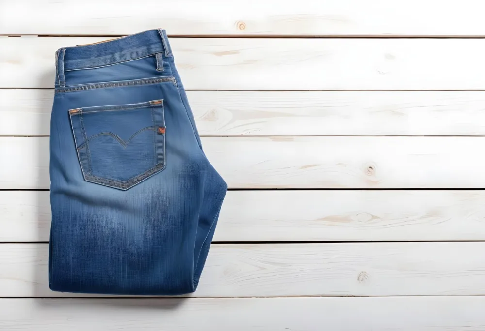 A Pair Of Blue Jeans With A Back Pocket Placed On A White Wooden Surface Showcasing The Texture And Color Of The Denim 28 1aac