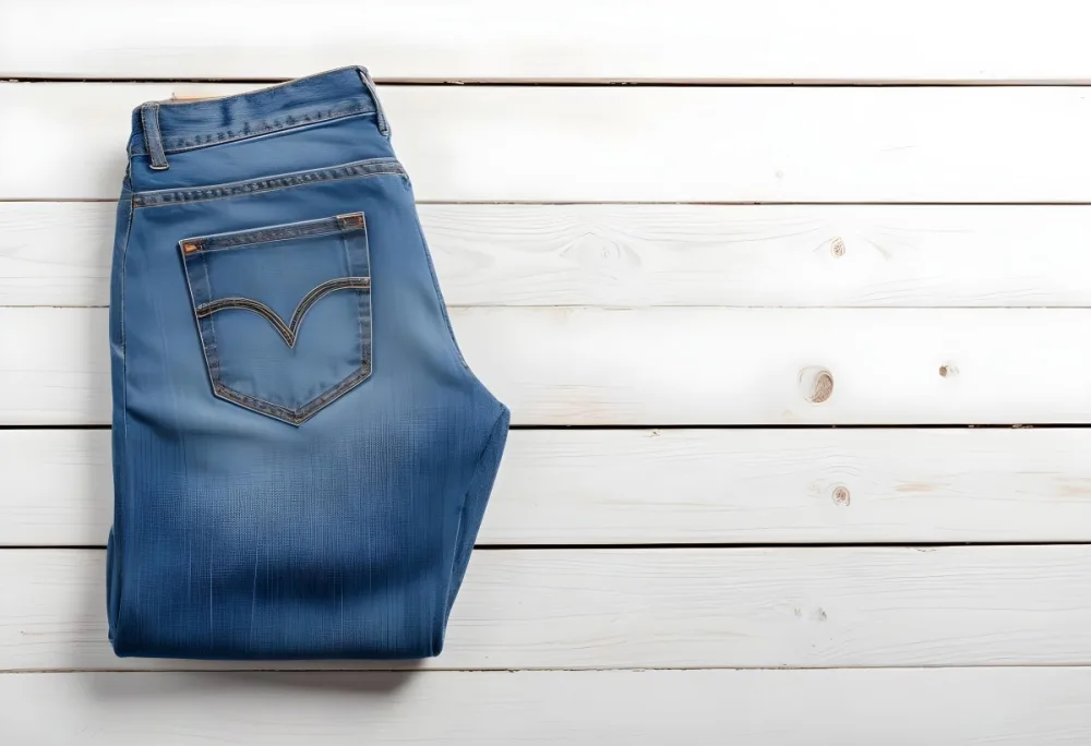 A Pair Of Blue Jeans With A Back Pocket Placed On A White Wooden Surface Showcasing The Texture And Color Of The Denim 37 3eb9