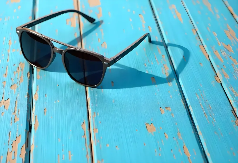 A Pair Of Dark Sunglasses On A Blue Wooden Surface The Wood Has A Distressed Look With Light Brown Undertones 3 F488
