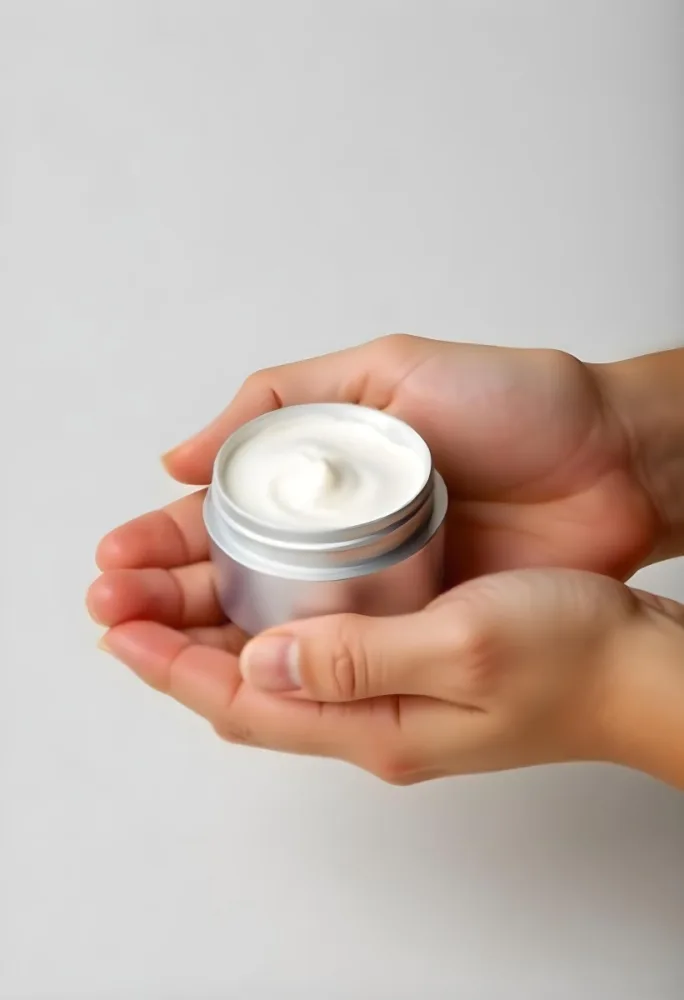 A Pair Of Fair Skinned Hands Holding A Silver Jar Of White Cream One Finger Touching The Cream Plain Background 15 8341