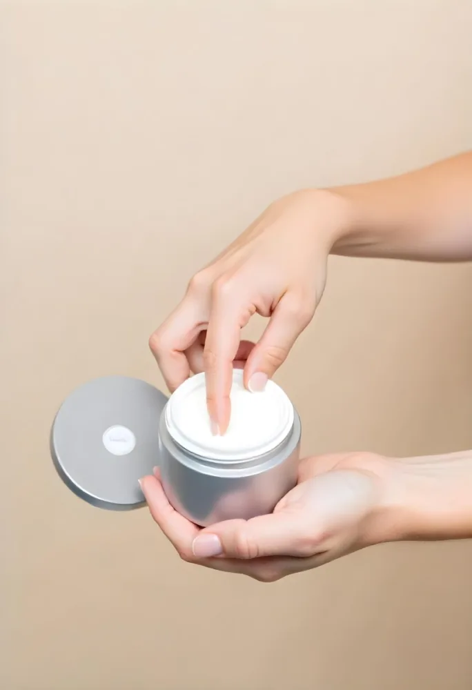 A Pair Of Fair Skinned Hands Holding A Silver Jar Of White Cream One Finger Touching The Cream Plain Background 16 1a5c