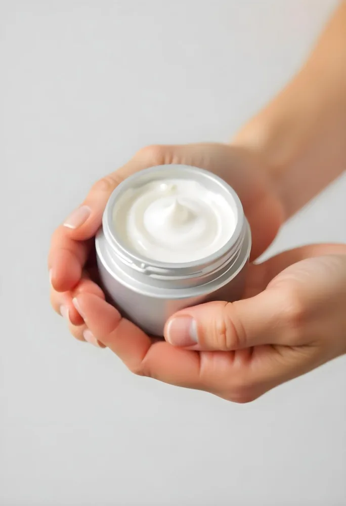 A Pair Of Fair Skinned Hands Holding A Silver Jar Of White Cream One Finger Touching The Cream Plain Background 19 528a