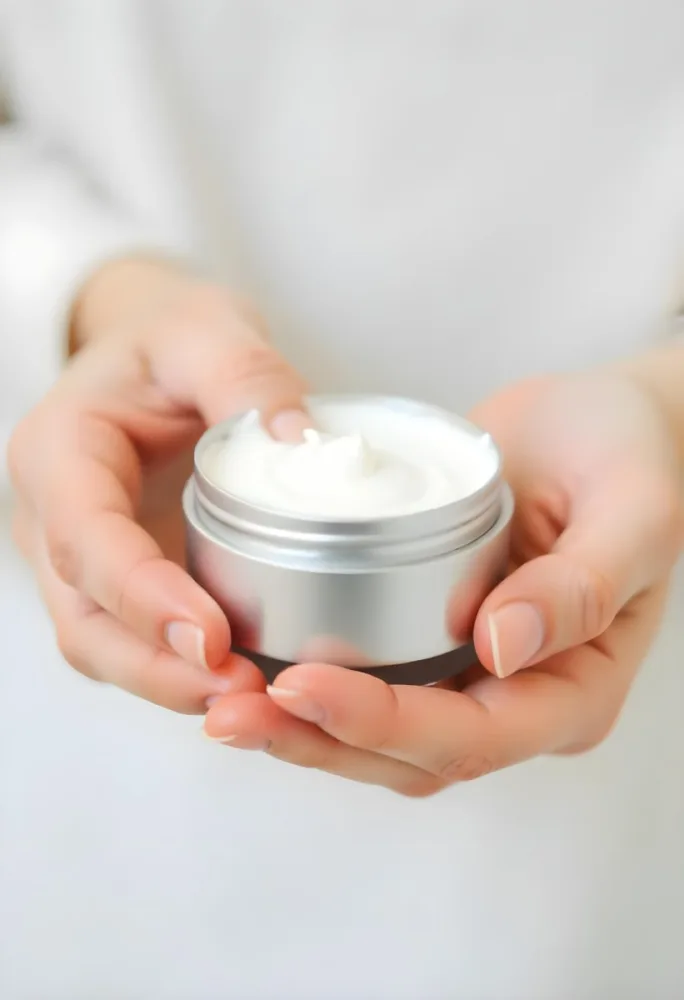 A Pair Of Fair Skinned Hands Holding A Silver Jar Of White Cream One Finger Touching The Cream Plain Background 21 Bcfb