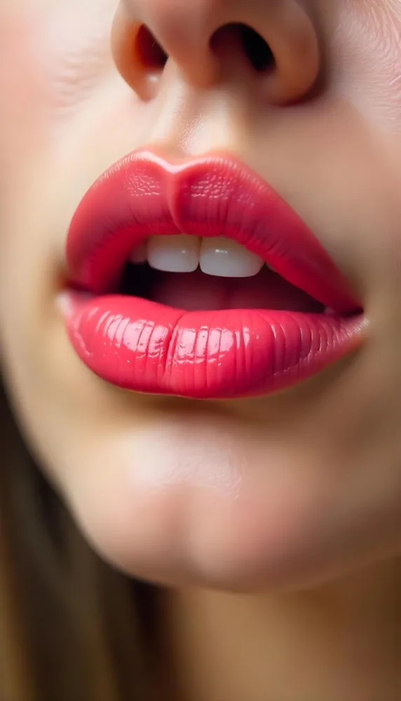 A Pair Of Pink Lips With A Shiny Gloss The Skin Around The Lips Is Light And Smooth The Background Is Blurred And Out Of Focus 17 F421