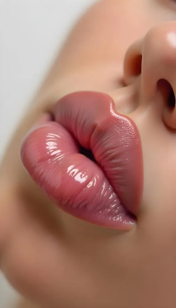A Pair Of Pink Lips With A Shiny Gloss The Skin Around The Lips Is Light And Smooth The Background Is Blurred And Out Of Focus 18 A6aa