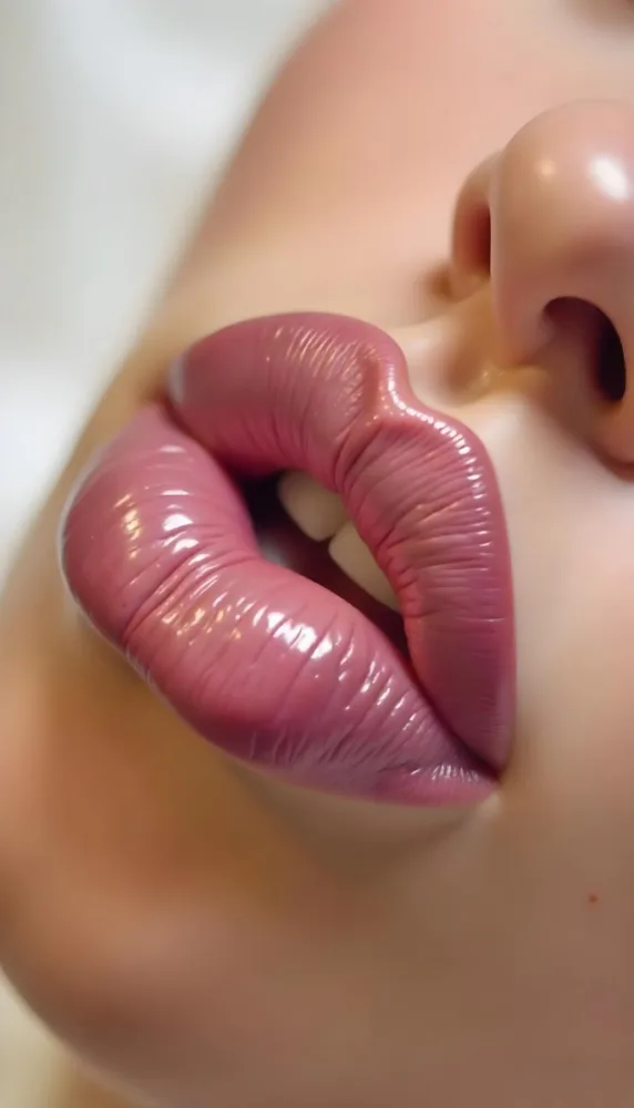 A Pair Of Pink Lips With A Shiny Gloss The Skin Around The Lips Is Light And Smooth The Background Is Blurred And Out Of Focus 20 De7c