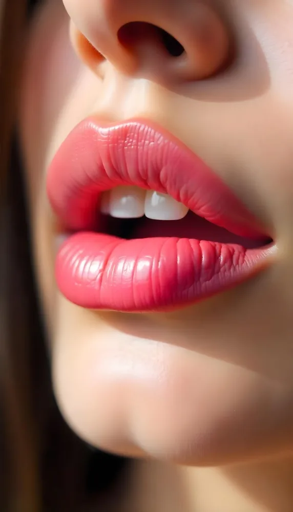 A Pair Of Pink Lips With A Shiny Gloss The Skin Around The Lips Is Light And Smooth The Background Is Blurred And Out Of Focus 40 9168