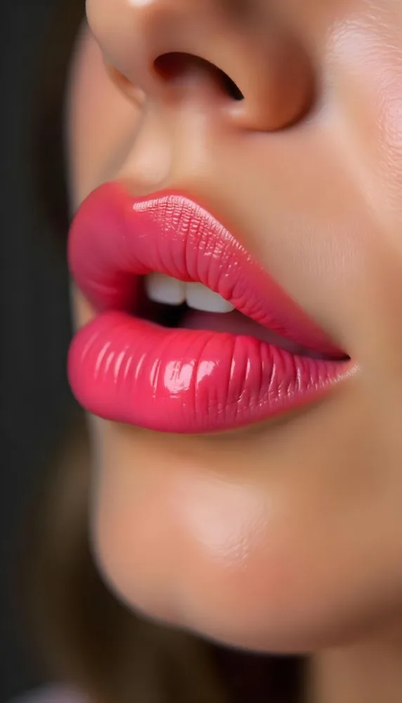 A Pair Of Pink Lips With A Shiny Gloss The Skin Around The Lips Is Light And Smooth The Background Is Blurred And Out Of Focus 44 7cf1